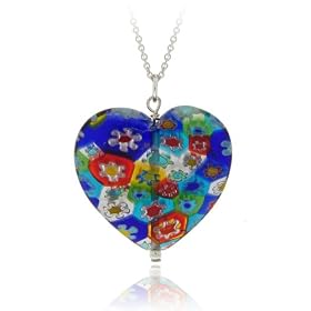 Murano Glass Sterling Silver Bead Multi Color Millefiori Flower Heart Pendant