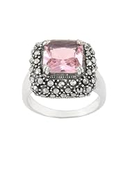 Sterling Silver Marcasite Faceted Pink Color Glass Ring