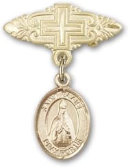 Gold Filled Baby Badge with St. Blaise Charm and Badge Pin with Cross. Catholic Saint Blaise Patron Saint of Throat Ailments, Veterinarians, Wild Animals, Sore Throat