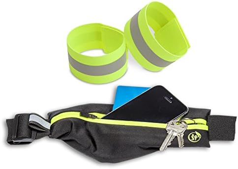 [Voted #1 Reflective Running Gear] Reflective Running Waist Belt iPhone 6, Samsung Android, Keys, &amp; Headphones - Water Resistant, Adjustable, Durable &amp; Light - w/2 High Visibility Reflective Armbands