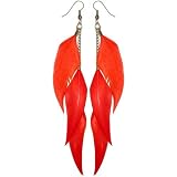 4 1/2″ Long 3 Feather Earrings On Chain In Red Orange With Silver Finish Reviews