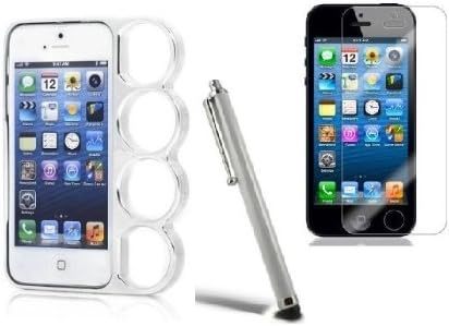 ShopNY Apple iPhone 5 5G Plastic Brass Knuckles Hard Bumper Rim Case Cover Silver (All Carriers) + Free Stylus Pen + Free Screen Protector