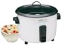 Black & Decker RC550 rice cooker in white with black accents and a glass lid.