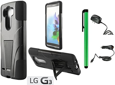 LG G3 Premium T-Stand / Side-Stand Hybrid Holster Design Protector Hard Cover Case (For 2014 LG New Flagship Android Phone) + Travel (Wall) Charger & Car Charger + 1 of New Assorted Color Metal Stylus Touch Screen Pen (BLACK / BLACK)
