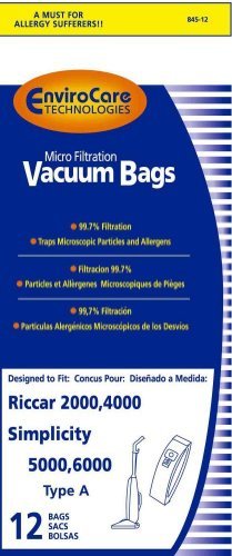 Riccar 2000, 4000 and Simplicity 5000, 6000 Type A Vacuum Bags (12 pack)