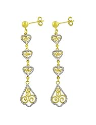 14k Two-Tone Gold Graduated Diamond-Cut Filigree Heart Dangle Earrings