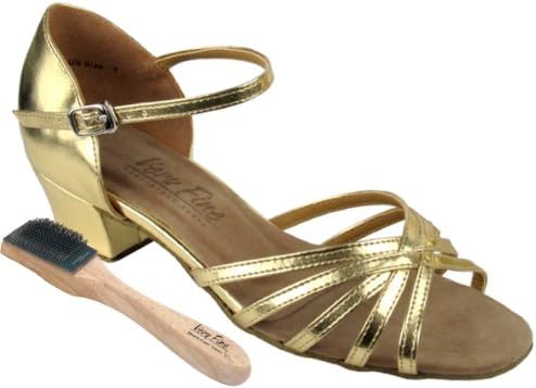 Women's Salsa Ballroom Practice Latin Dance Shoes Style 802 Bundle with Dance Shoe Wire Brush, Gold Leather Heel 1.5 Inch, 8.5 M US