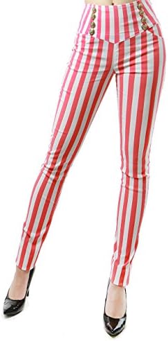 Button Accented Stripes Design High Waist Trendy Pants for Women (SMALL, CORAL-4358)