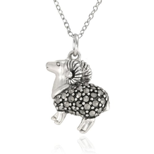 Sterling Silver Marcasite Ram Zodiac Pendant, 18″