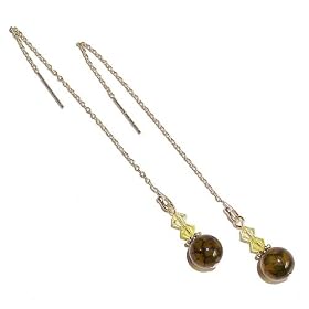 14K Gold Vermeil Pull Through Earrings w/ Dragon Vein Agate & Swarovski Crystals 115mm