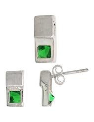 Sterling Silver Matte-finish Fancy Earrings (10mm tall) & Pendant Slide (12mm tall) Set, w/ Princess Cut Emerald-colored CZ Stones