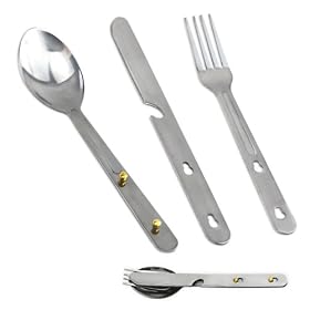 3pc Camping Eating Utensil Set - Clip-Together - Stainless Steel Fork, Spoon, Knife with Can Opener by Can Openers
