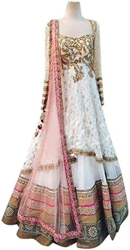 White and Peach colored Russel Net and Santoon Heavy Embroidered Lehenga choli