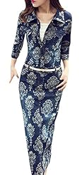 V-neck Vintage Elbow Length Sleeves Denim Winter Floral Print Bodycon Dress/Midi Dress 