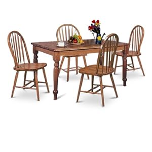 Large Dark Oak 5 Piece Dining Set W Farmhouse Table & 4 Arrow Back Chairs