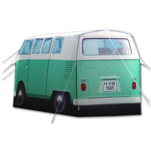 VW Camper Van Tent. Peppermint Green. Sleeps 4 Persons. Officially licensed by Volkswagen and designed on the 1965 VW Camper Van. Quick and easy to erect. Hydrostatic Head Waterproof Rating 3000mm Roof. VW Camper Van Tent includes inner and outer tents, poles, pegs, rope and instructions.