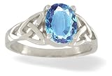 14K White Gold Genuine Oval Blue Topaz Celtic Trinity Ring