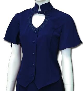Heart Neck Short Sleeve Bridal Blouse, Navy Blue
