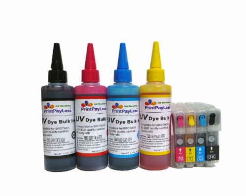 4 pks Pre-Filled for Brother LC61/38/16/970/980/1100 Refillable Ink Cartridges+ 400ml (13.3 oz.) PrintPayLess brand UV resistant Bulk Refill Ink, for MFC-490CW, MFC-495CW