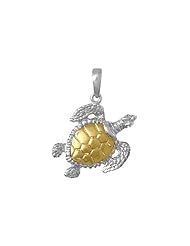 925 Solid Sterling Silver Nautical Necklace Charm Pendant, Sea Turtle With 14K Shell,