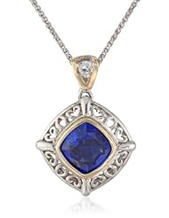 Sterling Silver and 14k Yellow Gold Created Ceylon Sapphire and Created White Sapphire Cushion Cut Pendant Necklace, 18"