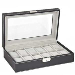 Watch Box Large 12 Mens Black Leather Display Glass Top Jewelry Case Organizer