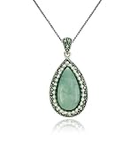 Sterling Silver Marcasite & Jade Tear Drop Pendant, 18