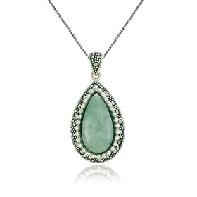 Sterling Silver Marcasite and Jadeite Tear Drop Pendant, 18 by
