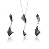 Twilight Beauty: Sterling Silver with Dark Grey Mother of Pearl Ribbon Pendant & Earrings Set