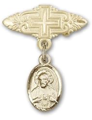 14kt Gold Baby Badge with Scapular Charm and Badge Pin with Cross