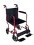 Transport Folding Wheelchair with Burgundy Aluminum Frame, Dual Handbrakes, Padded Armrests, Detachable Footrests, and Drop Back Handle by MedMobile.