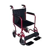 Transport Folding Wheelchair with Burgundy Aluminum Frame, Dual Handbrakes, Padded Armrests, Detachable Footrests, and Drop Back Handle by MedMobile.
