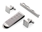  : Stainless steel set of cufflinks, tie slide and money clip with diamond patterning