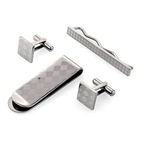 Stainless steel set of cufflinks, tie slide and money clip with diamond patterning by Money Clips