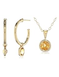 Bronze and 18k Yellow Gold Plated Genuine J-Hoop Earrings and Pendant Set, 18"
