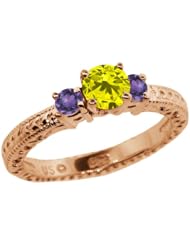 0.75 Ct Round Canary Diamond Purple Amethyst 14K Rose Gold 3-Stone Ring
