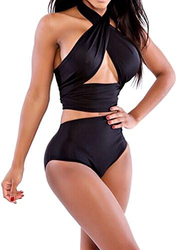 MUZI Women's High Waist Criss Cross Vintage Bandage Bikini Set Swimsuit -bandage08