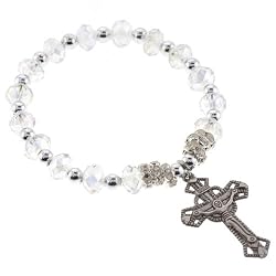 Religious Bracelet with Clear Rondell Faceted Beads and Crucifix- 5'' Overall Length - 7'' Stretchy Bracelet