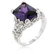 14k Whitegold Rhodium Bonded Anniversary Style Ring with Princess Amethyst Solitaire and Chanel Set White CZs Embellishing the Band - Size: 5-10
