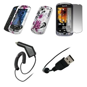 Samsung Moment M900 - Premium White and Purple Flower Design Snap-On Cover Hard Case Cell Phone Protector + Crystal Clear LCD Screen Protector + Rapid Car Charger + USB Data Charge Sync Cable for Samsung Moment M900: Electronics