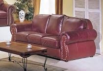 Nail Head Accented Burgundy Brown Regenerated Leather Sofa