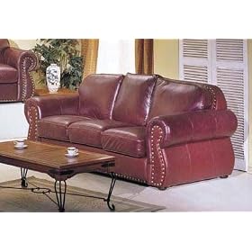 Nail Head Accented Burgundy Leather Match Sofa Couch Chair