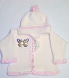 Ck601, Knitted on Hand Knitting Machine Ivory Cotton Trimmed By Hand Crochet with Pink Chenille Cardigan Hat for Infant Girl with Sequin Butterfly Appliqu�