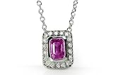 14K White Gold 16 Cable-Chain Emerald-Shape Pink-Sapphire Semi-Precious Stones Necklace, Set with a Sliding Pendant, Surrounded with Pave Set Diamonds.