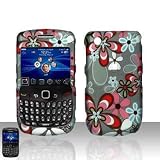 Blue Pink Multi Color Daisy Flower Design Rubberized Snap on Hard Skin Shell Protector Cover Case for Blackberry Curve 8520 8530 + Microfiber Pouch Bag