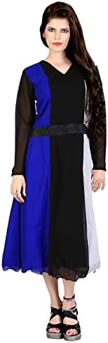 Stylish V-Neck A-Line Knee Length Georgette Black Blue White Full Sleeve dress