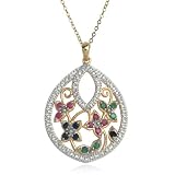Yellow Gold Overlay Sterling Silver Emerald, Sapphire and Ruby Flower Teardrop Pendant w/ Diamond Accent, 18