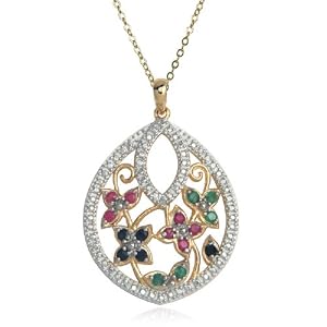 Buy Yellow Gold Overlay Sterling Silver Emerald, Sapphire and Ruby Flower Teardrop Pendant w  Diamond... by Amazon.com Collection