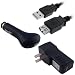 Premium Flip Video Charging Combo w/ 6 Feet USB Extention Cable + USB Car Charger and USB Wall / Travel Charger