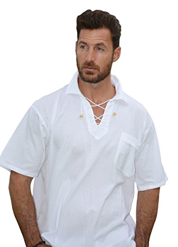 Cotton Natural Kauai Bead Drawstring Short Sleeve Shirt (X-large, White)